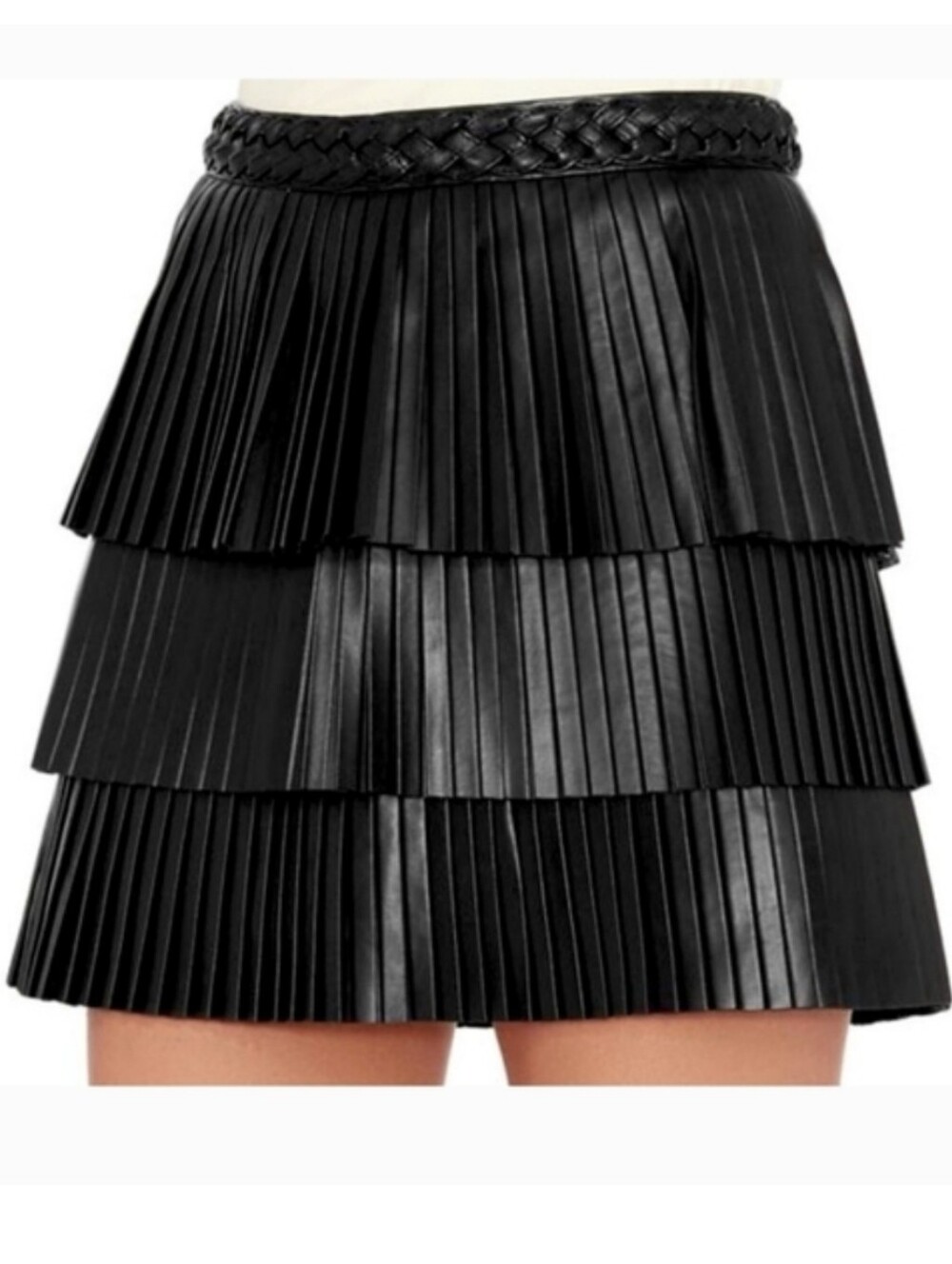 INTERMIX Black Tiered Pleated Leather "Farrah" Skirt (S)